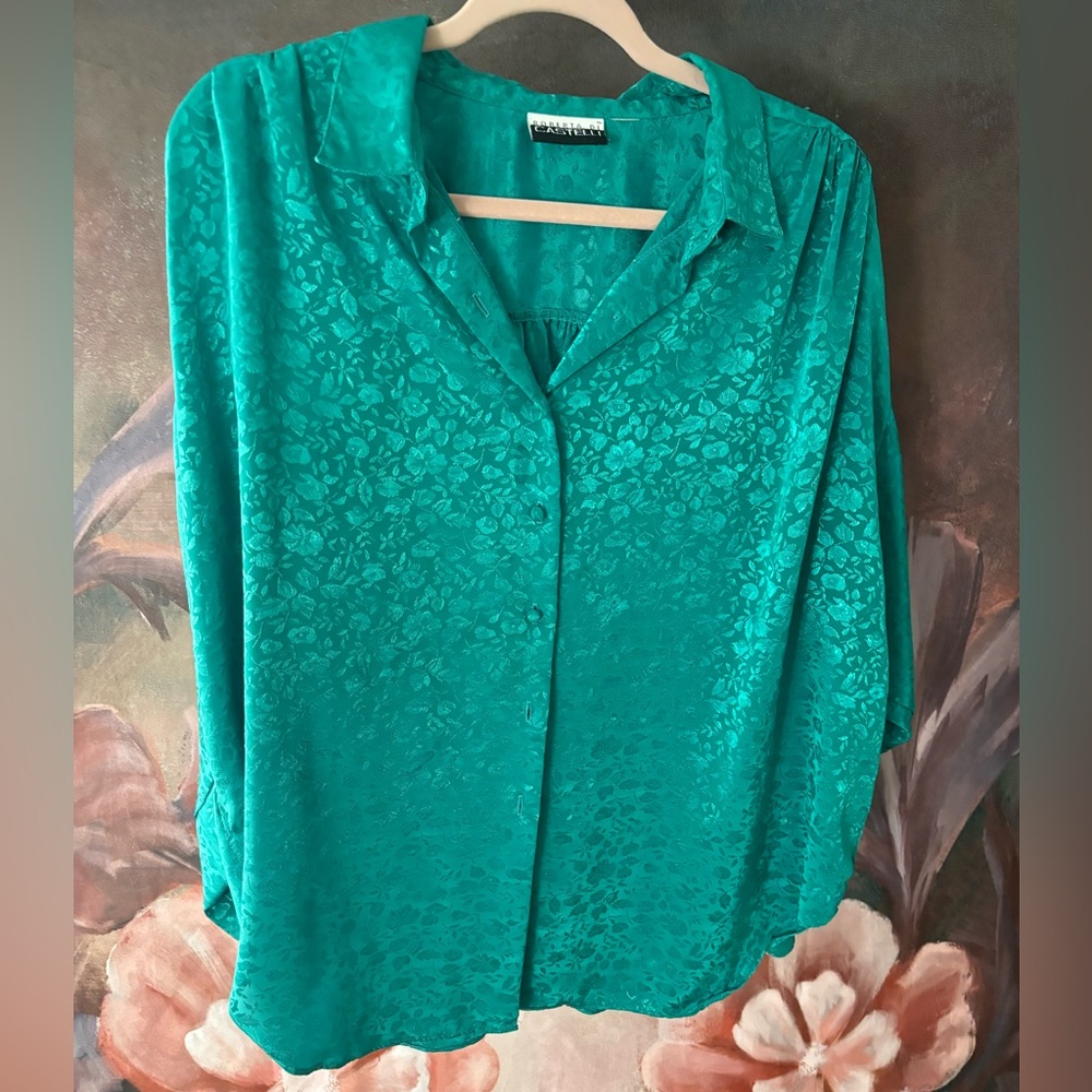 Teal Green Vintage Satin Jacquard Blouse Size 24W